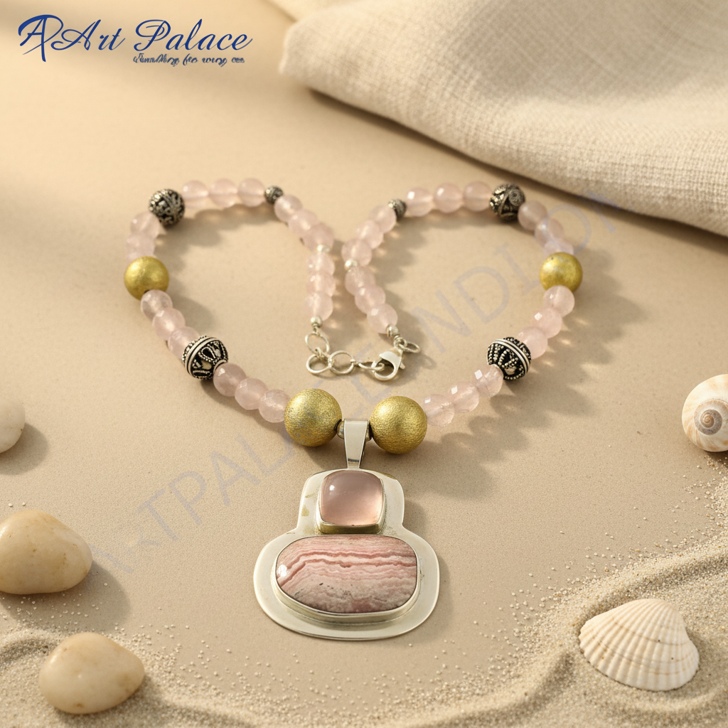 Rose quartz & silver necklace for women | gemstone jewelry