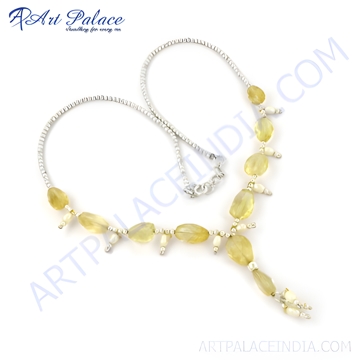 Elegant silver necklace with oval cut citrine gemstones and pearl accents on a white background