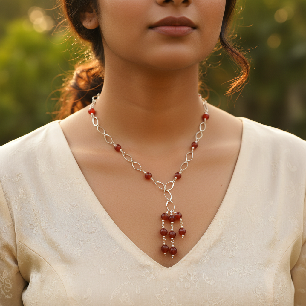 Silver Beaded Red Stone Necklace | Women's Fashion Jewelry