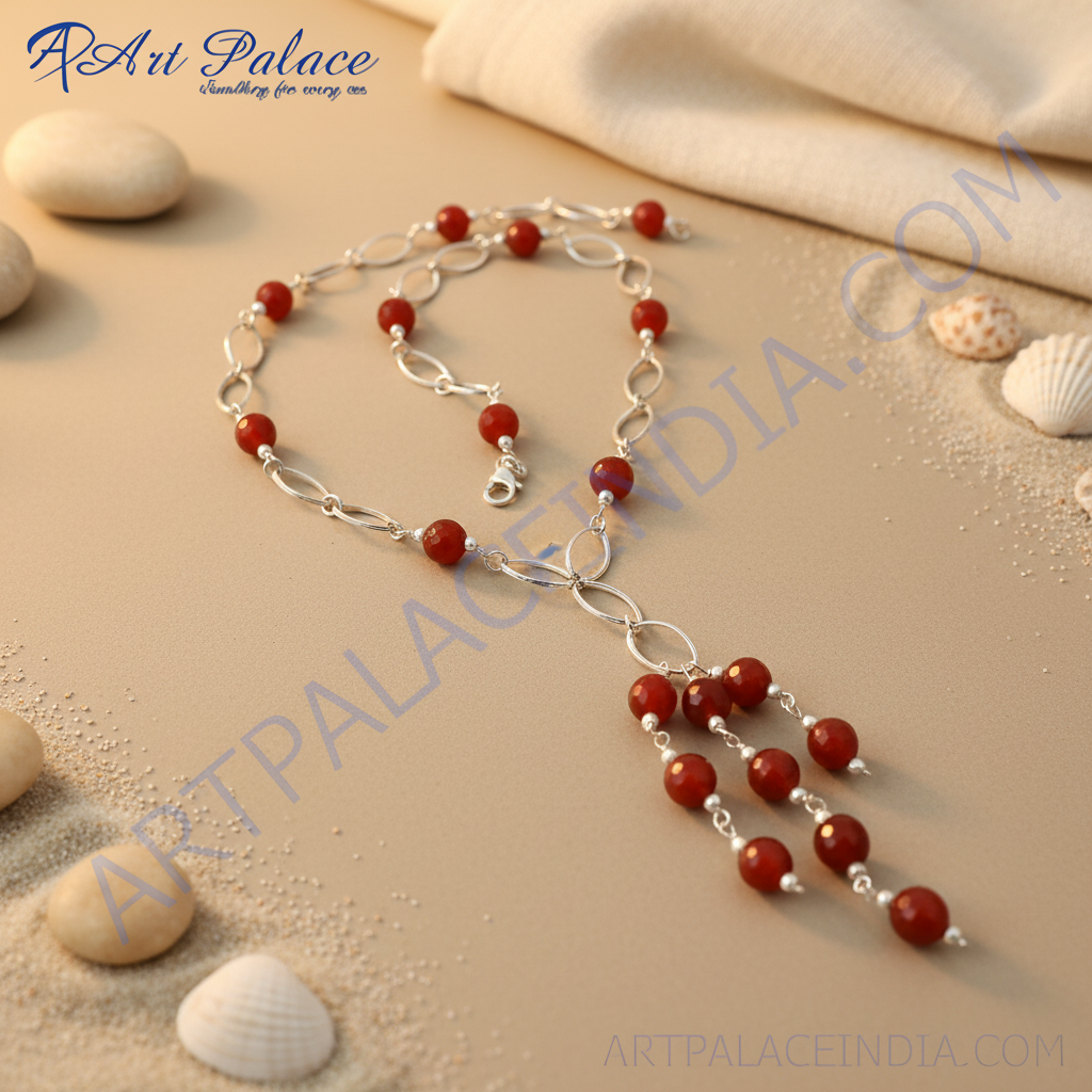 Silver Beaded Red Stone Necklace | Women's Fashion Jewelry