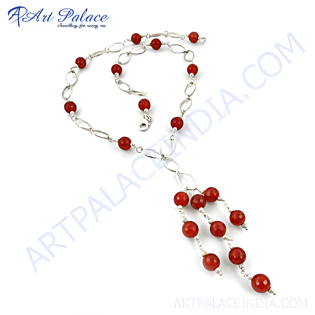 Sterling silver beaded necklace featuring vibrant red gemstones, perfect for women's fashion jewelry.