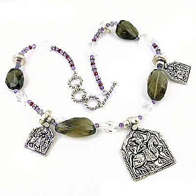 Silver Beaded Necklace with Green Gemstone Pendants | For Women