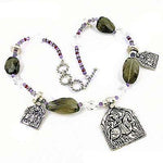 Load image into Gallery viewer, Silver Beaded Necklace with Green Gemstone Pendants | For Women
