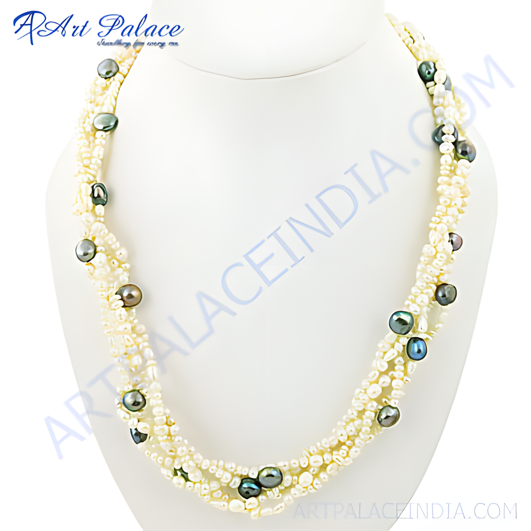 Multi-strand pearl necklace with dark colored gemstones on a white mannequin. Elegant and stylish pearl jewelry.