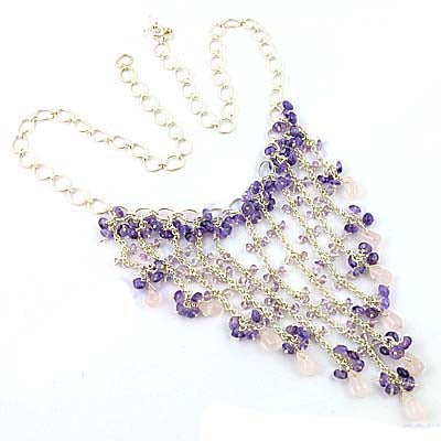 Amethyst & Rose Quartz Waterfall Necklace | 925 Silver | For Women