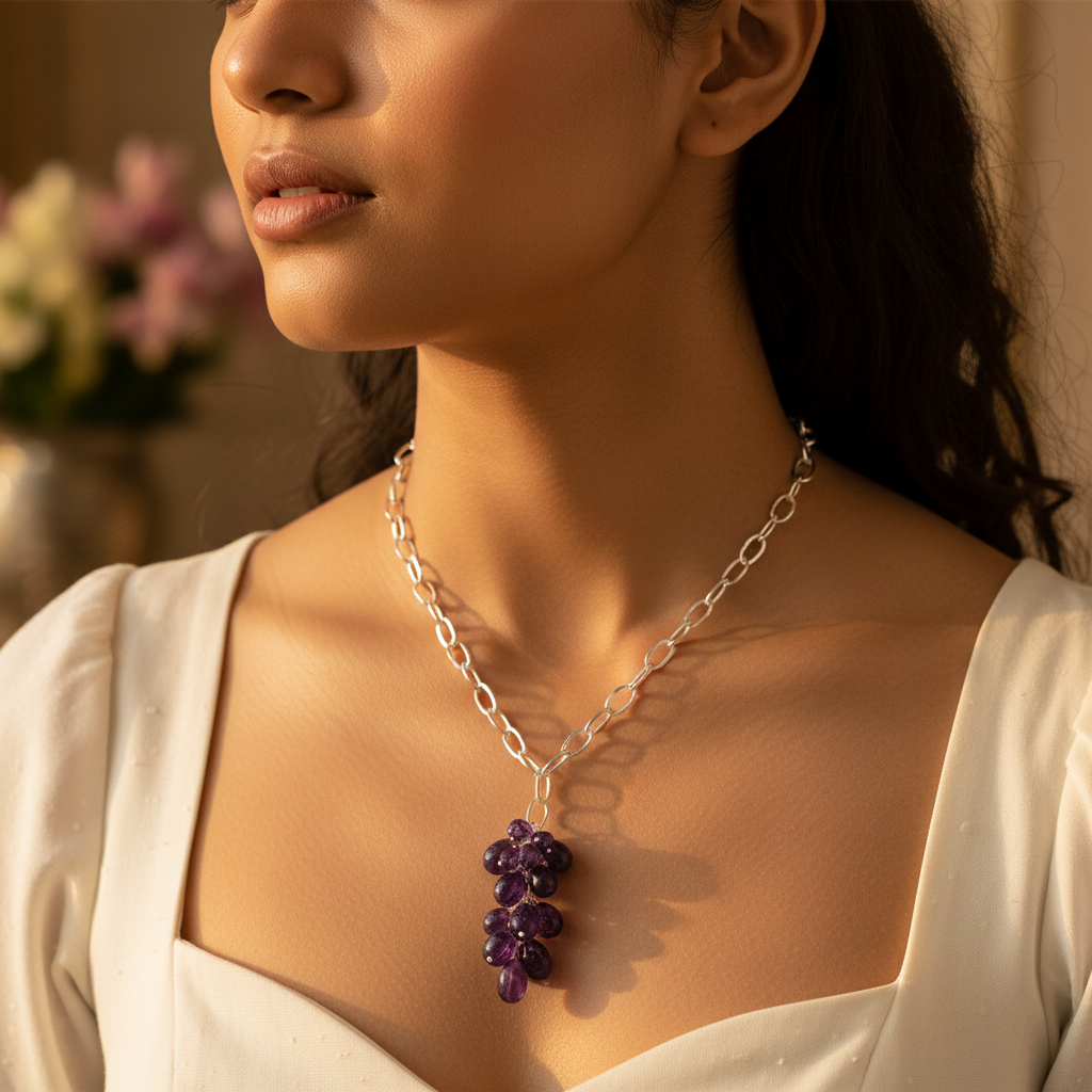 925 silver grape cluster pendant necklace | purple gemstone