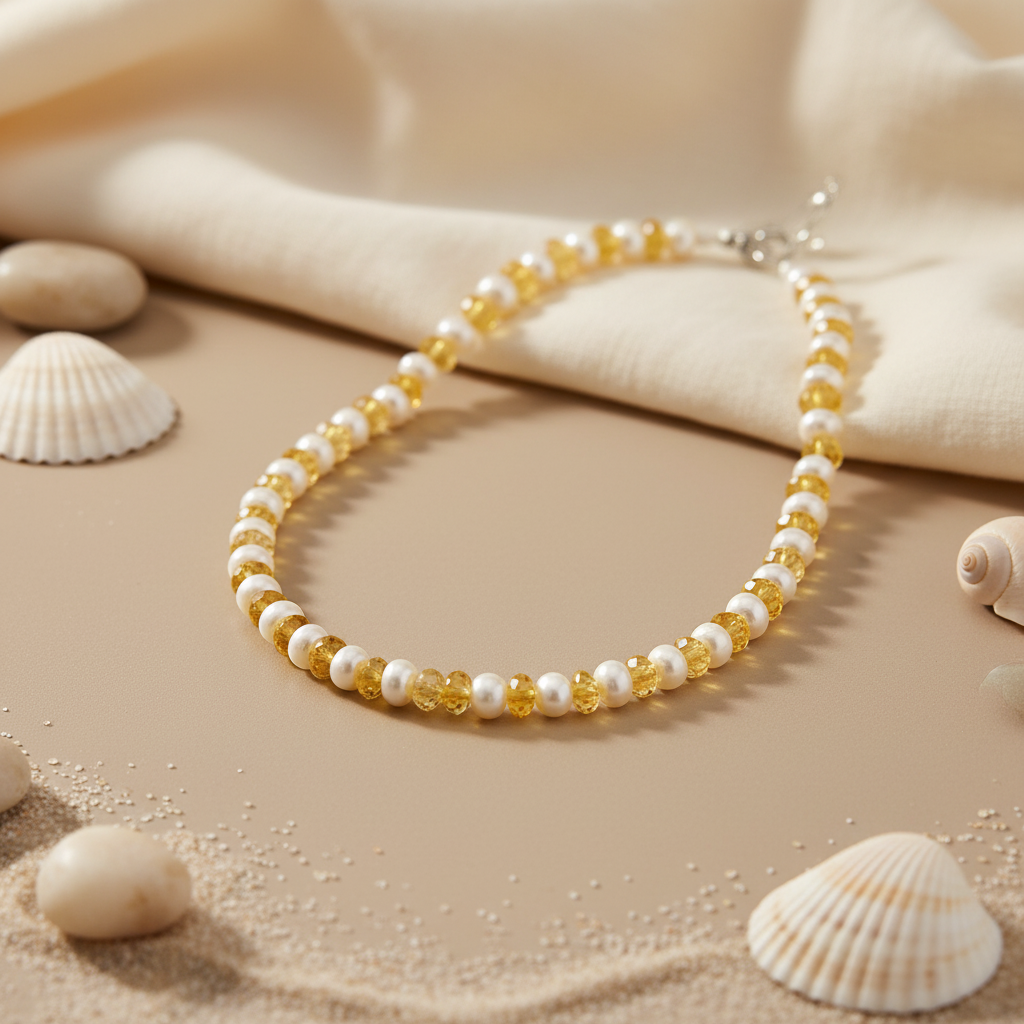 Yellow Amber & Pearl Beaded Necklace | Gemstone Jewelry