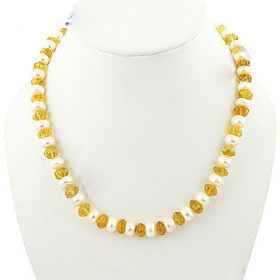 Yellow Amber & Pearl Beaded Necklace | Gemstone Jewelry