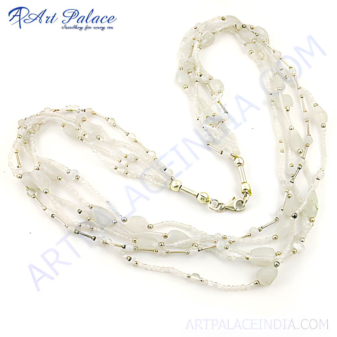 Multi-strand white gemstone necklace with silver accents and clasp closure, a delicate piece of jewelry.