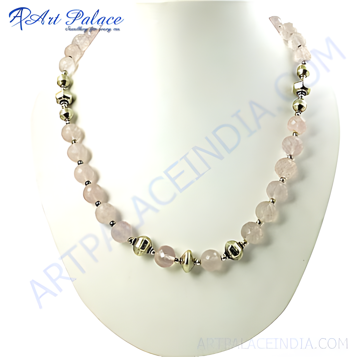 Rose quartz bead necklace with silver accents, a delicate and elegant piece of jewelry
