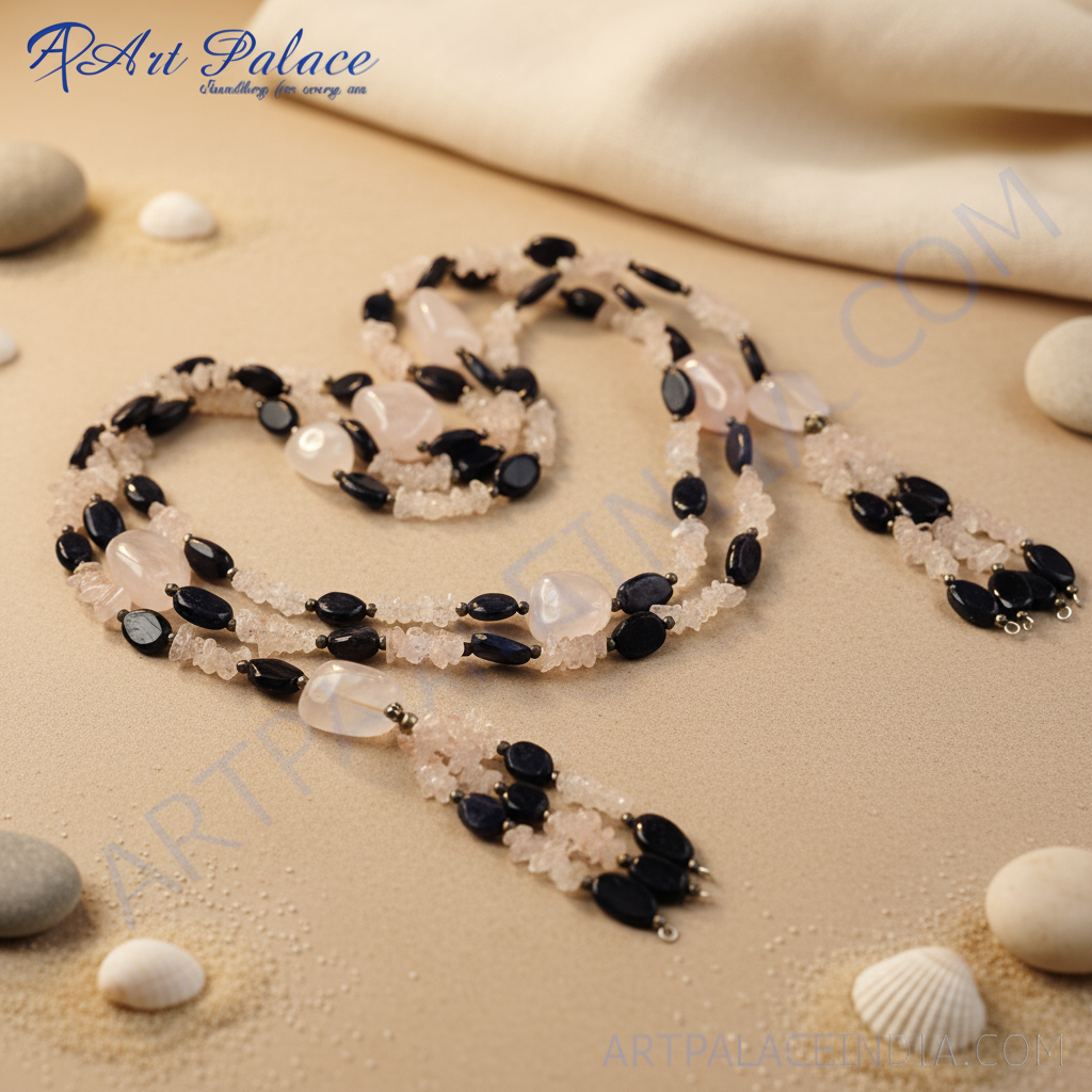 Rose Quartz & Onyx Beaded Necklace | Gemstone Jewelry for Women