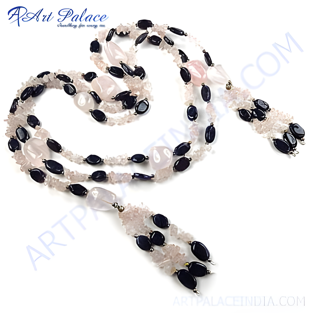A beautiful rose quartz and onyx beaded necklace, perfect for any occasion.
