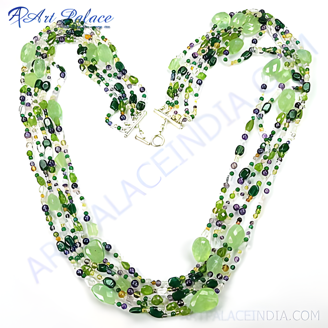 Multi-strand gemstone beaded necklace featuring various shades of green, purple and clear beads.