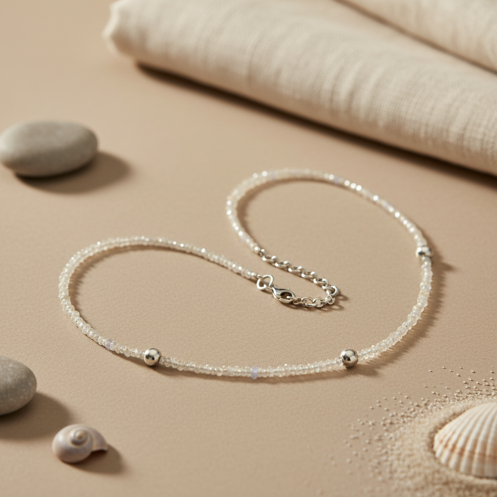 Clear Crystal Bead Necklace | 925 Silver Chain | Gift for Her