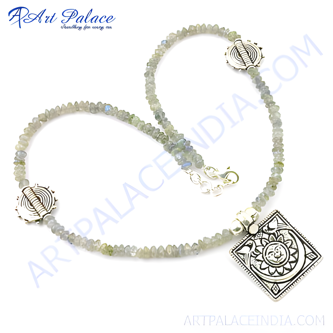 925 silver labradorite beaded necklace with intricate silver accents, and a silver clasp, a beautiful gray and silver necklace.
