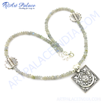 Load image into Gallery viewer, 925 silver labradorite beaded necklace with intricate silver accents, and a silver clasp, a beautiful gray and silver necklace.
