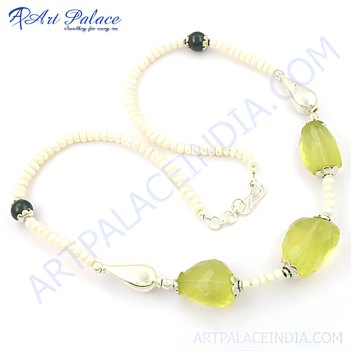 A lime green gemstone bead necklace with white beads on a white surface