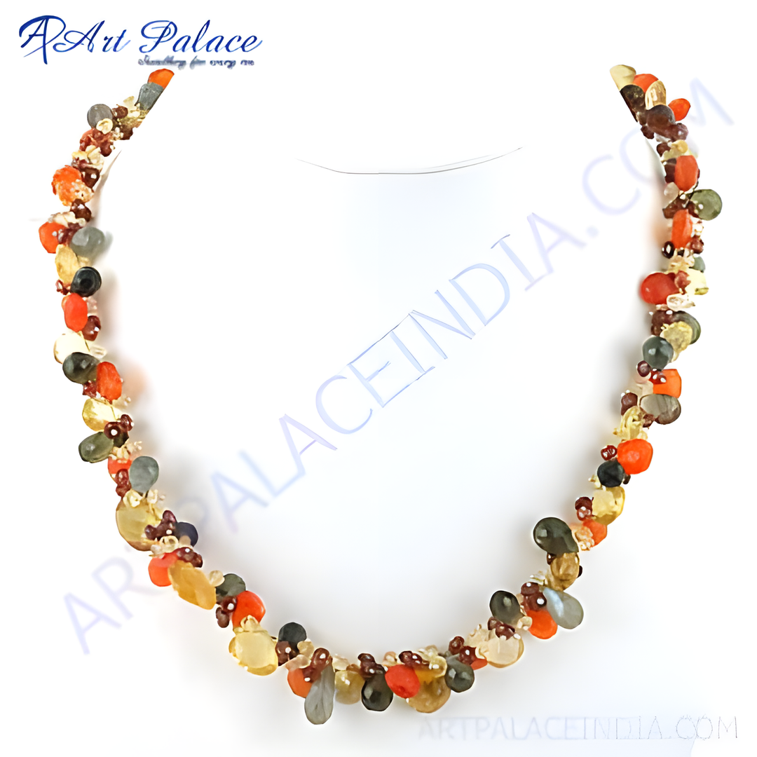 Colorful beaded necklace with various semi-precious gemstones, perfect for any occasion.