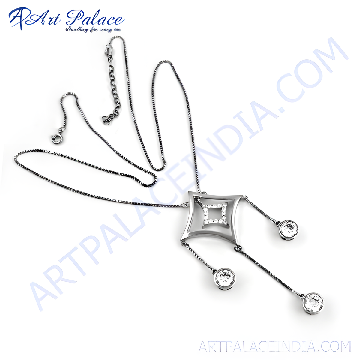 Silver pendant necklace with geometric design and crystal accents on a white background