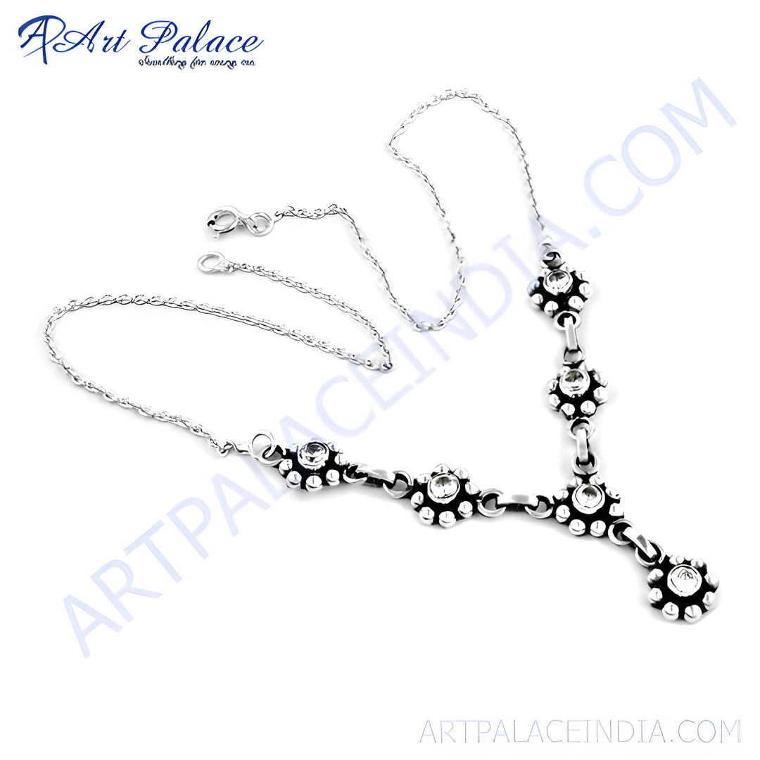 Sterling silver floral necklace with clear gemstones, a beautiful and elegant piece of jewelry for women.