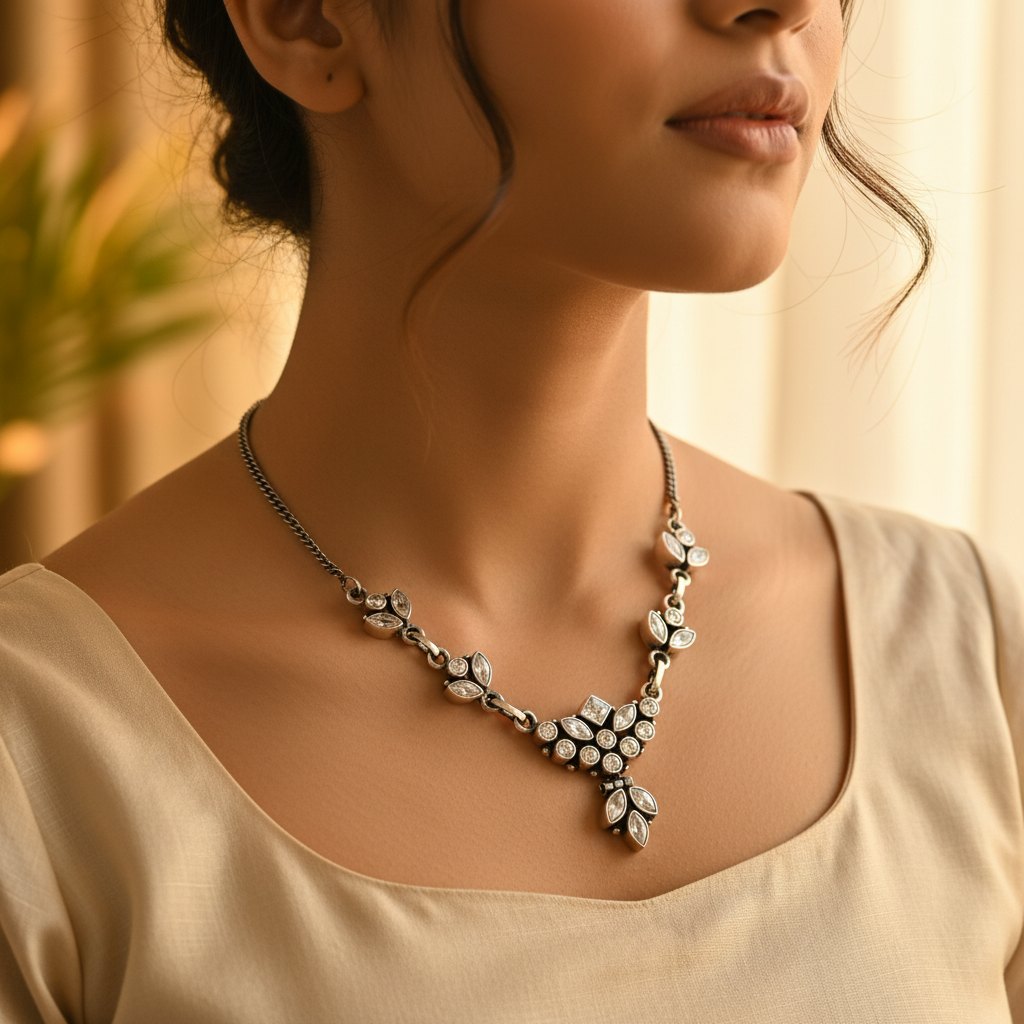 925 Silver Cubic Zirconia Necklace | Women's Floral Jewelry