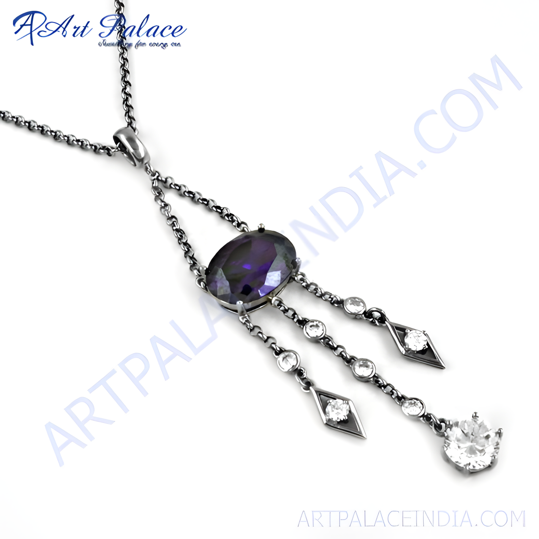 Sterling silver pendant necklace featuring an oval-cut amethyst and sparkling cubic zirconia accents.