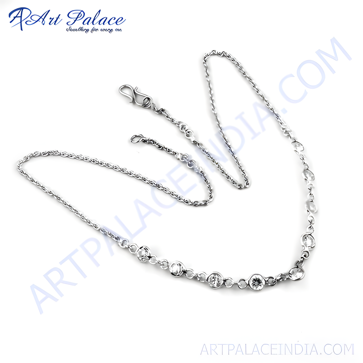Silver chain necklace with round sparkling cubic zirconia stones, perfect for elegant fashion and everyday wear