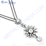 Load image into Gallery viewer, Sterling silver sunburst pendant necklace with sparkling cubic zirconia stones.
