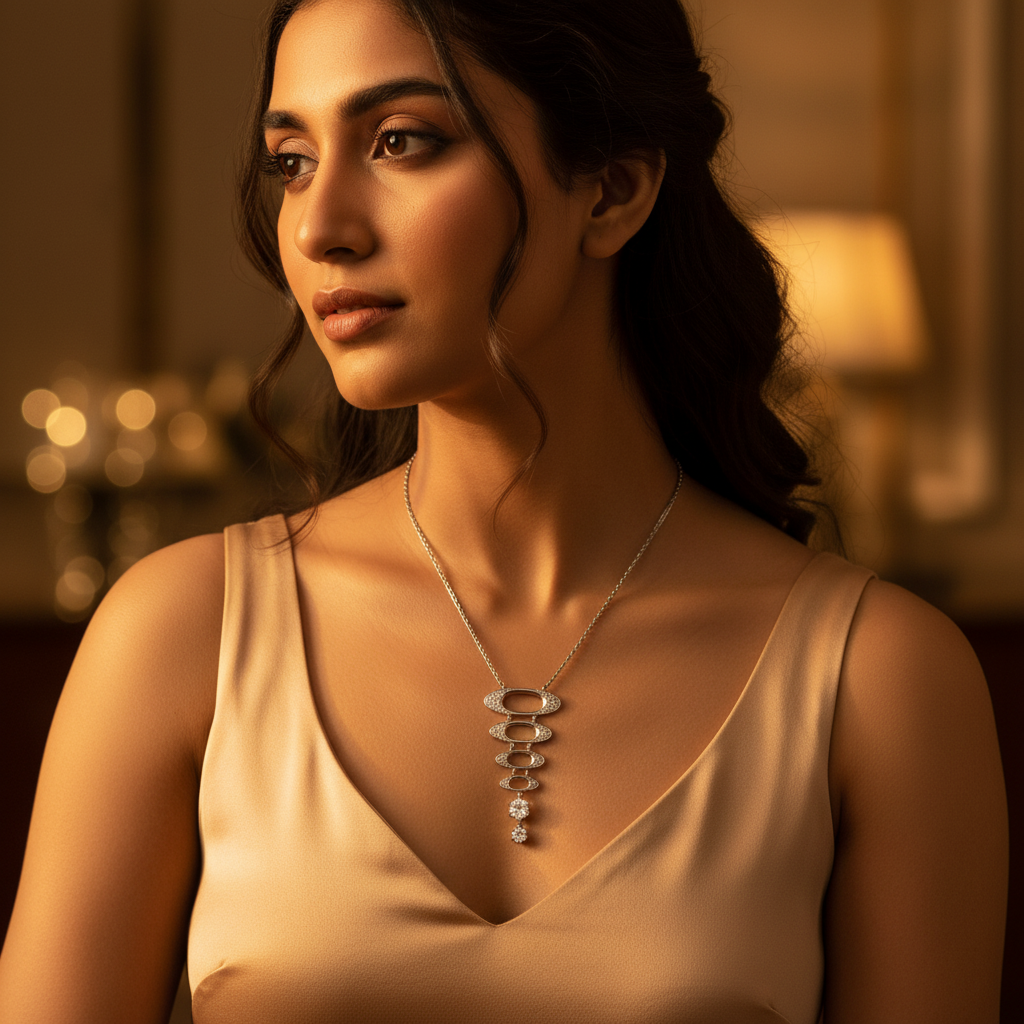 Silver Oval Pendant Necklace with Cubic Zirconia | Women's Jewelry