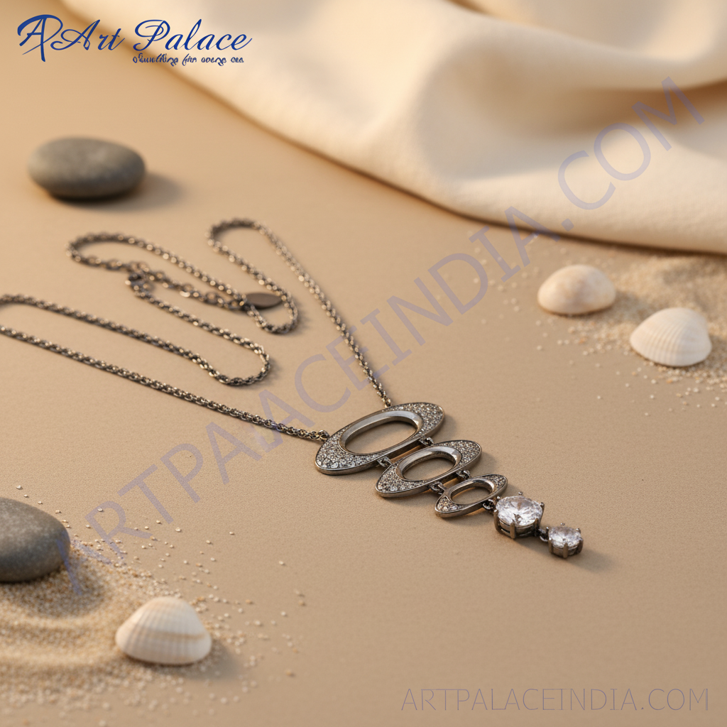 Silver Oval Pendant Necklace with Cubic Zirconia | Women's Jewelry