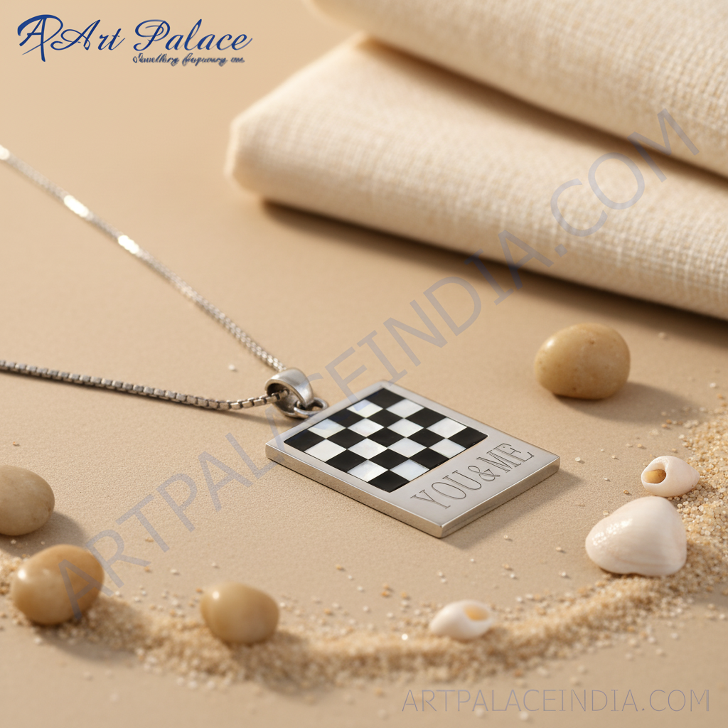 925 Silver Checkered Pendant Necklace | Women's Jewelry Gift