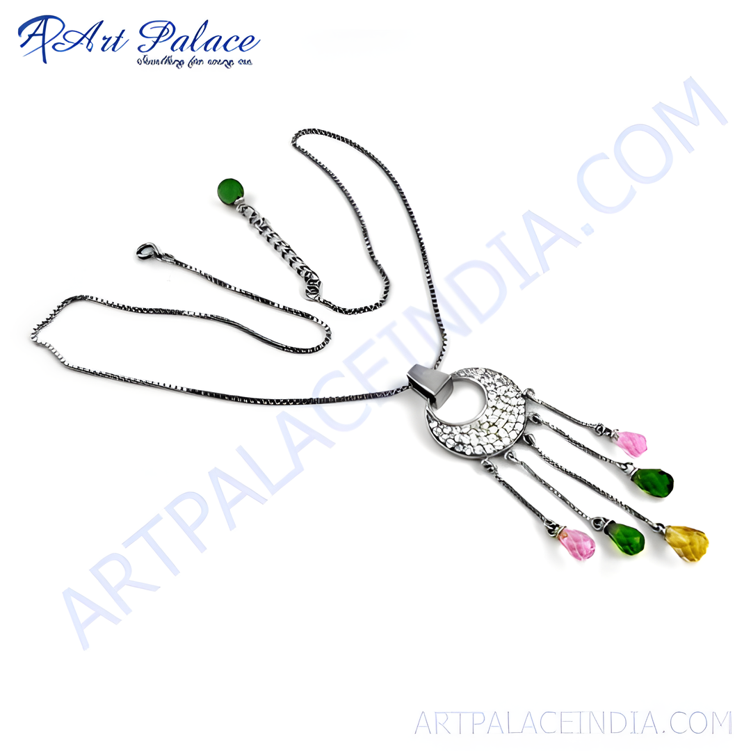 Silver pendant necklace with a circular design and colorful gemstone accents on a white background.