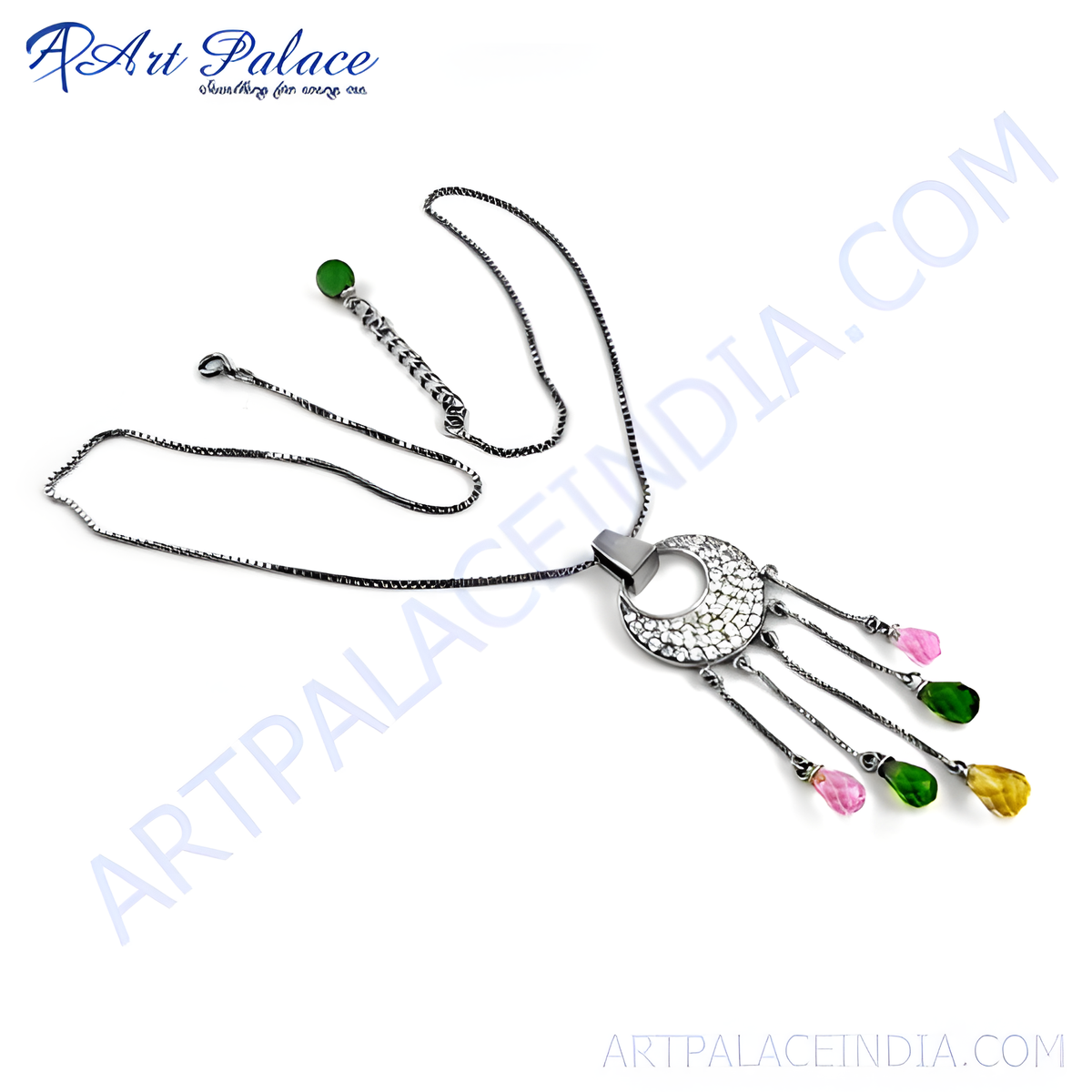 Silver pendant necklace with a circular design and colorful gemstone accents on a white background