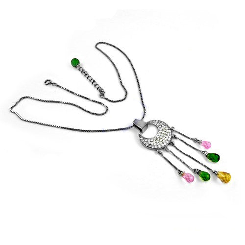 Silver Dangle Pendant Necklace with Gemstone Accents for Women