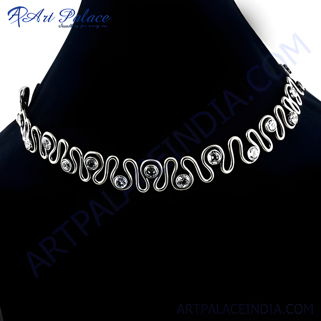 925 sterling silver choker necklace with shimmering cubic zirconia stones on a black display.