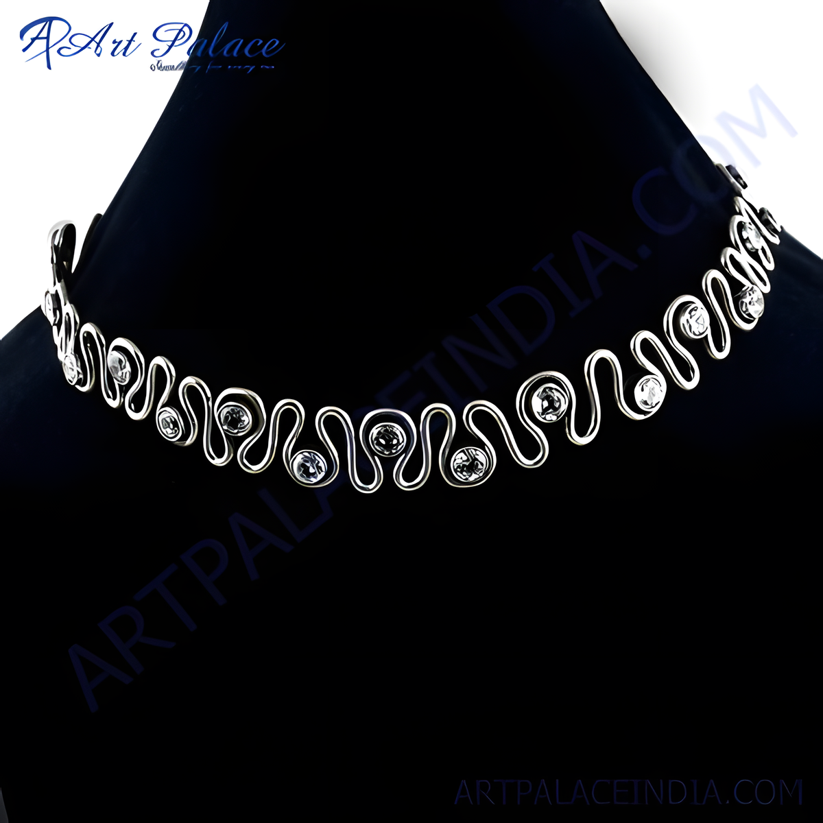 925 sterling silver choker necklace with shimmering cubic zirconia stones on a black display