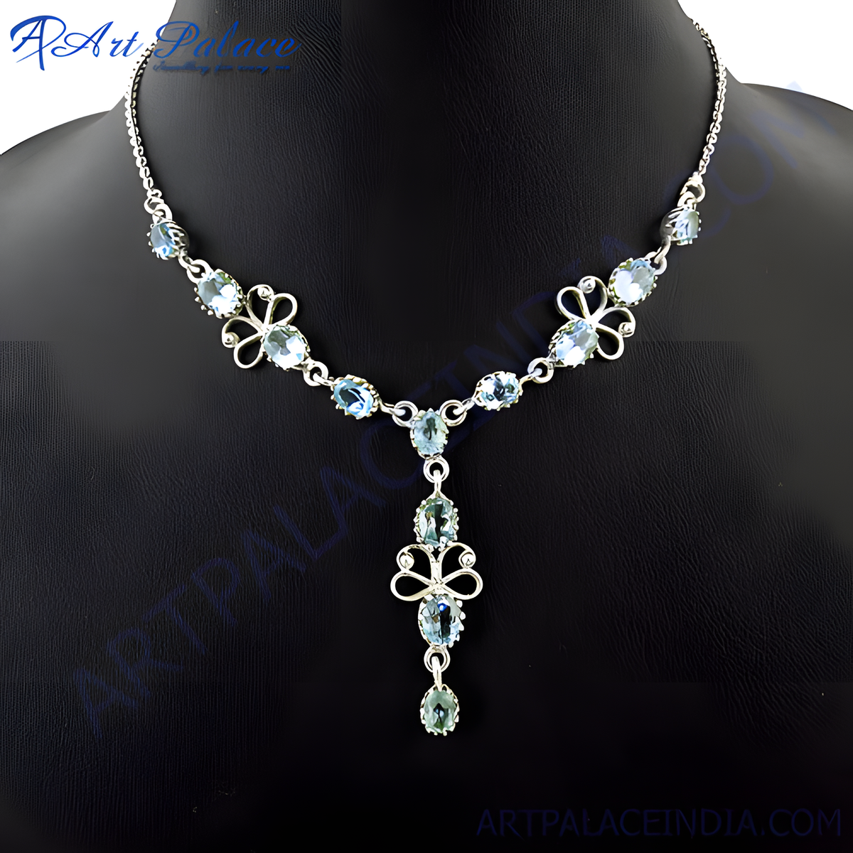 925 sterling silver necklace featuring oval cut blue topaz gemstones set in a floral design, perfect for women