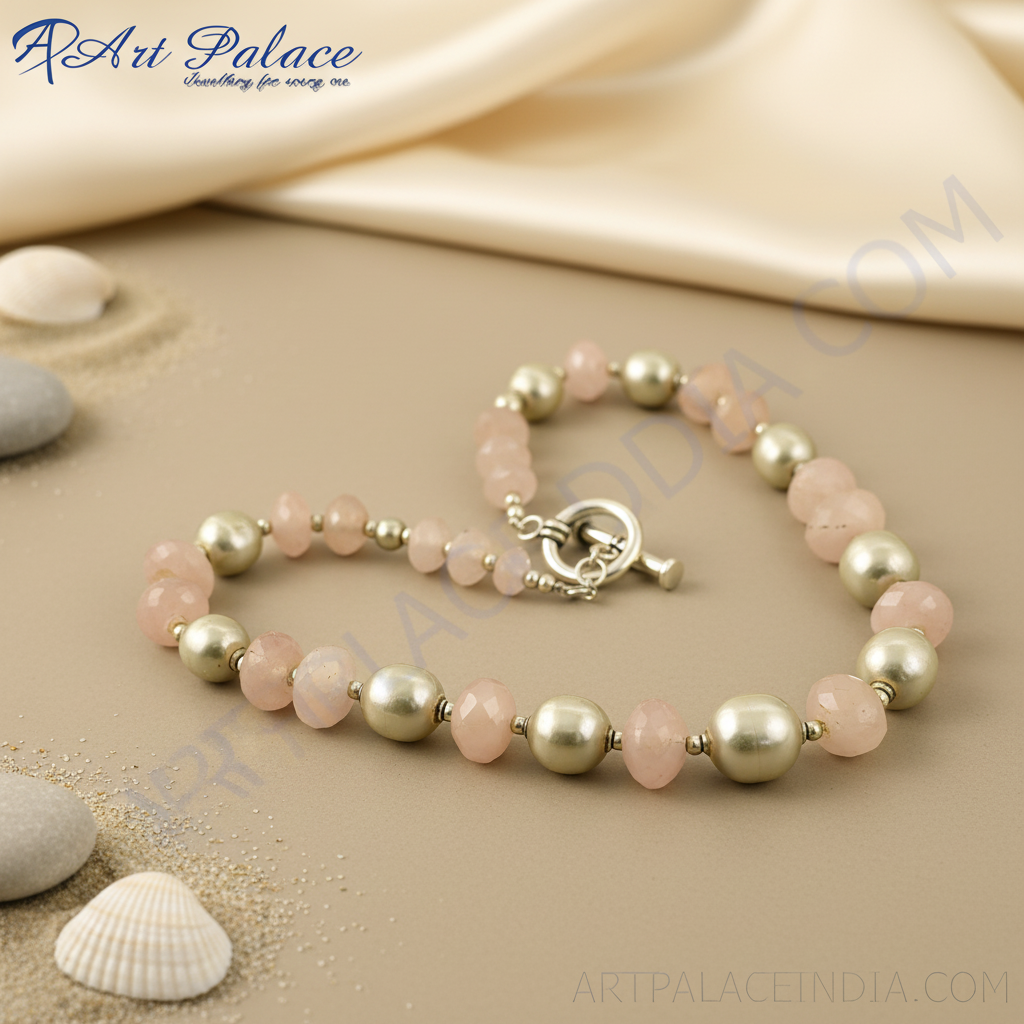 Rose Quartz & Pearl Beaded Necklace | Gold Accent | Women's Jewelry