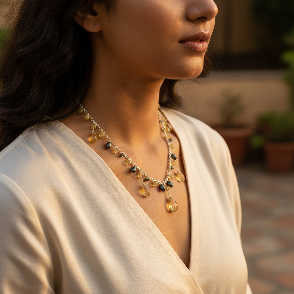 Silver Citrine & Pearl Necklace | Citrine Dangle Necklace for Women