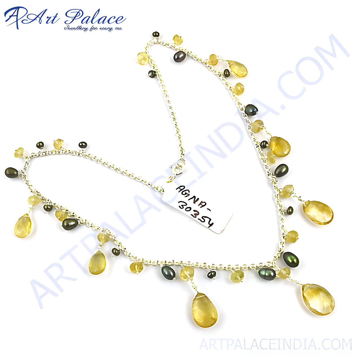 Sterling silver chain necklace with yellow citrine drops and dark pearl accents, elegant and sophisticated