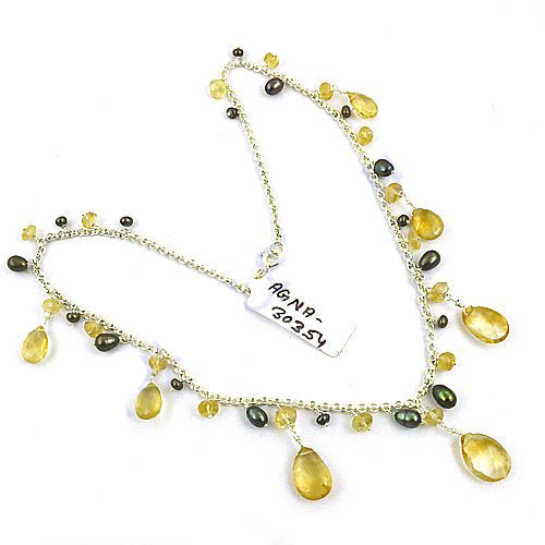 Silver Citrine & Pearl Necklace | Citrine Dangle Necklace for Women