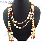 Load image into Gallery viewer, Multi-strand necklace featuring white pearls and orange carnelian beads, perfect for women&#39;s fashion

