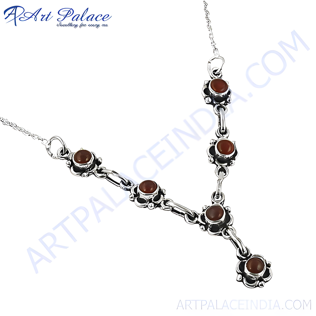 925 sterling silver necklace with a series of carnelian gemstone clusters. Features a Y-shaped design with a delicate chain.
