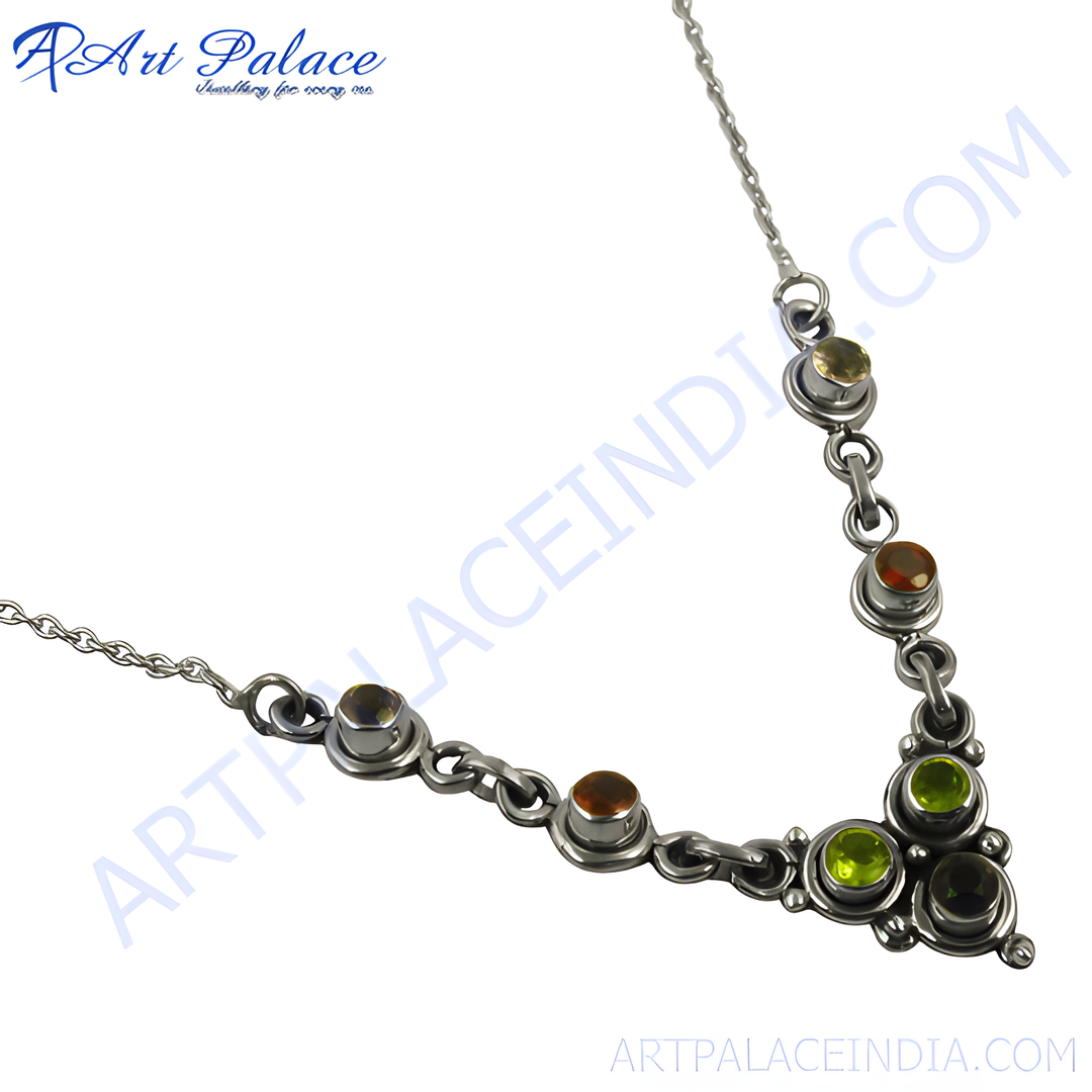 Sterling silver necklace with multiple colorful gemstones, suitable for women