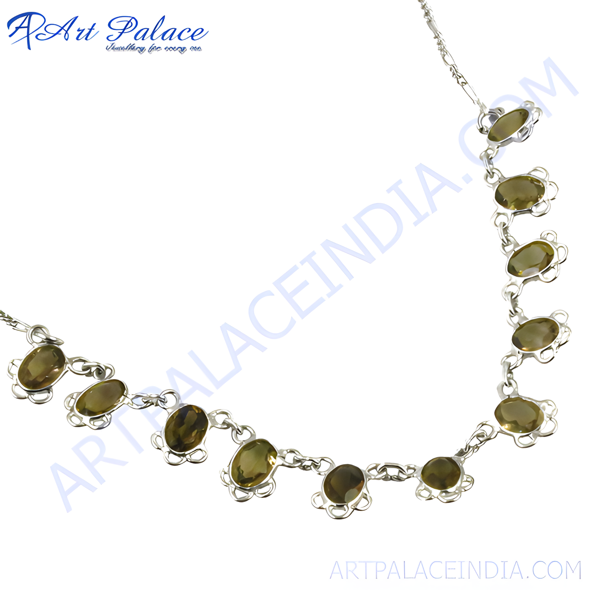 925 sterling silver necklace with olive green oval gemstones, connected with links, elegant women's necklace