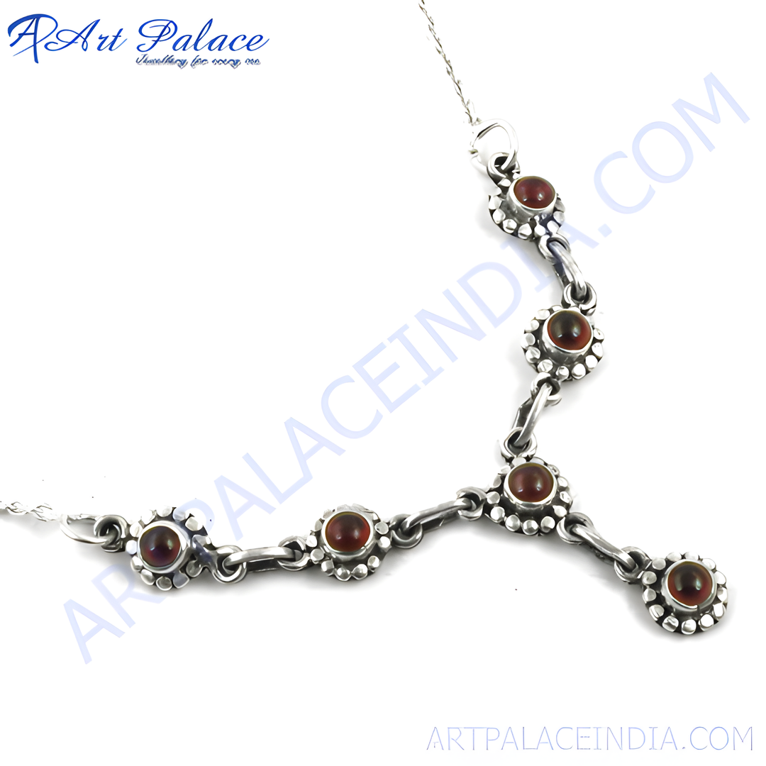 925 sterling silver necklace with round red garnet gemstones, a unique and elegant design.