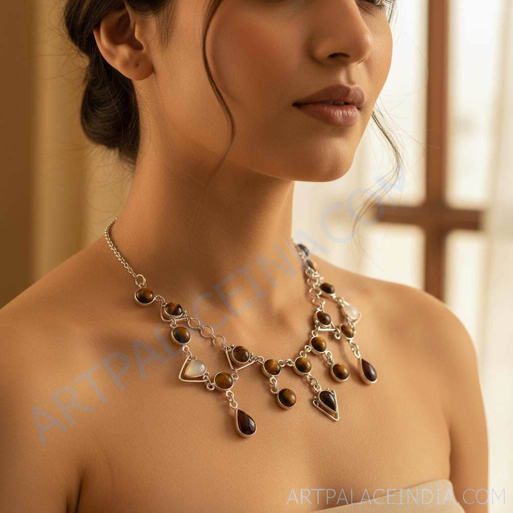 Tiger Eye Stone Necklace in 925 Silver for Women