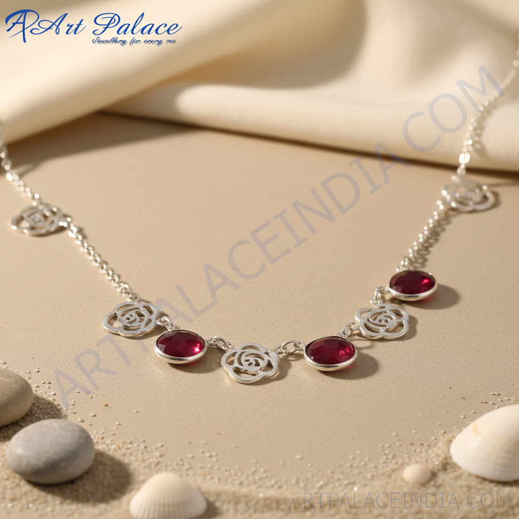 925 Silver Ruby Rose Necklace | Women's Floral Jewelry