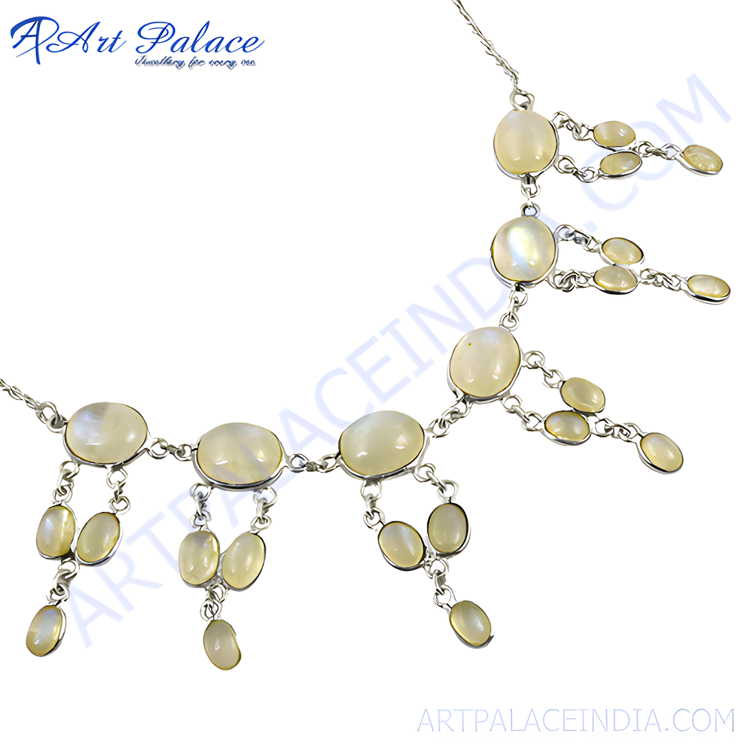 Moonstone silver dangle necklace, featuring light yellow gemstone drops, perfect for women's fashion jewelry.