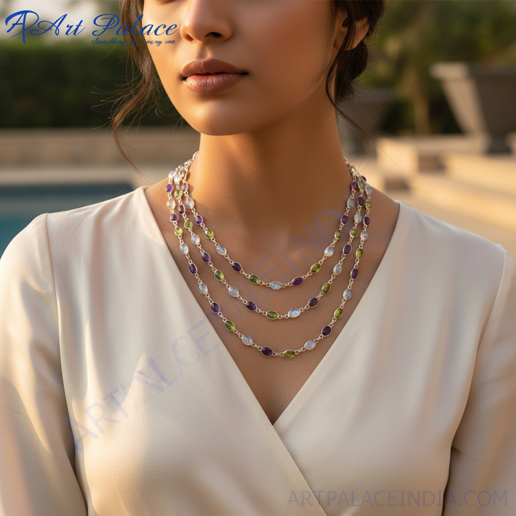 925 Silver Multi-Gemstone Layered Necklace for Women | Gift Jewelry